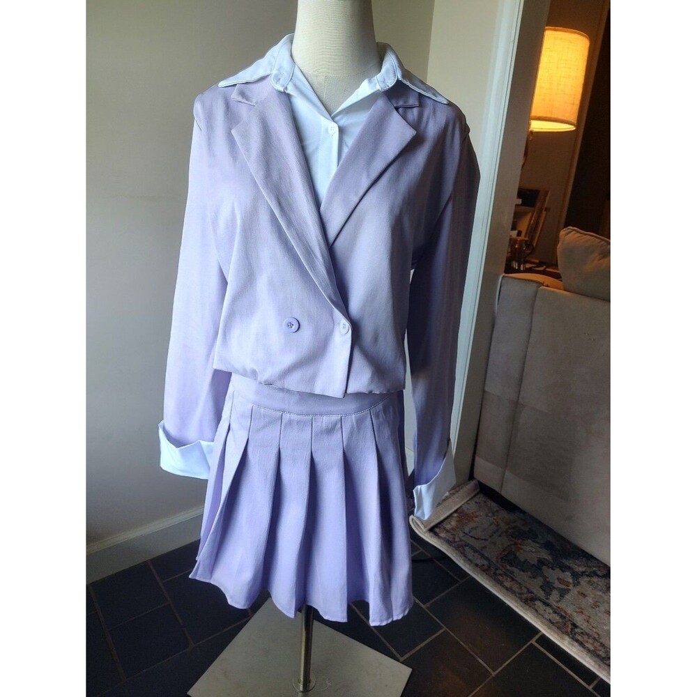 Lavender Double-Breasted Pleated Skirt Suit White Cuff Preppy Y2K XL